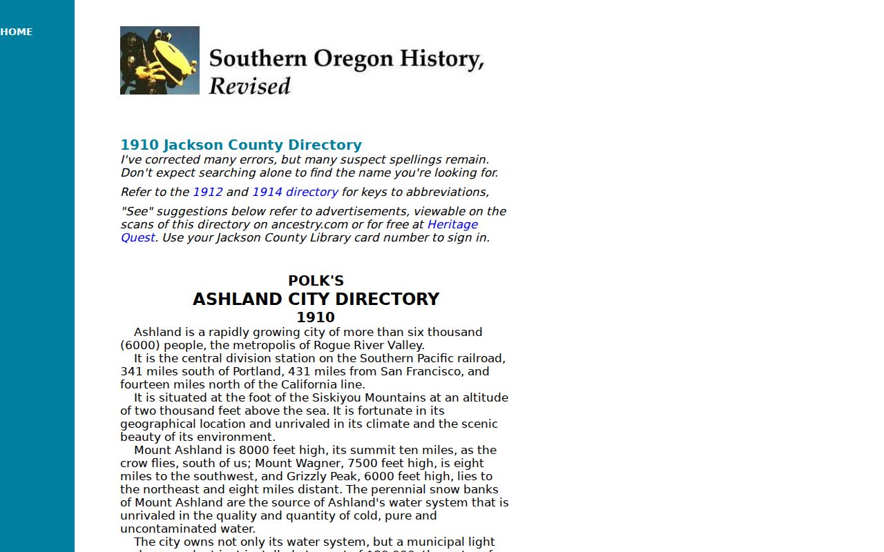 Jackson County city directory page for the digitized 1910 Polk Ashland directory