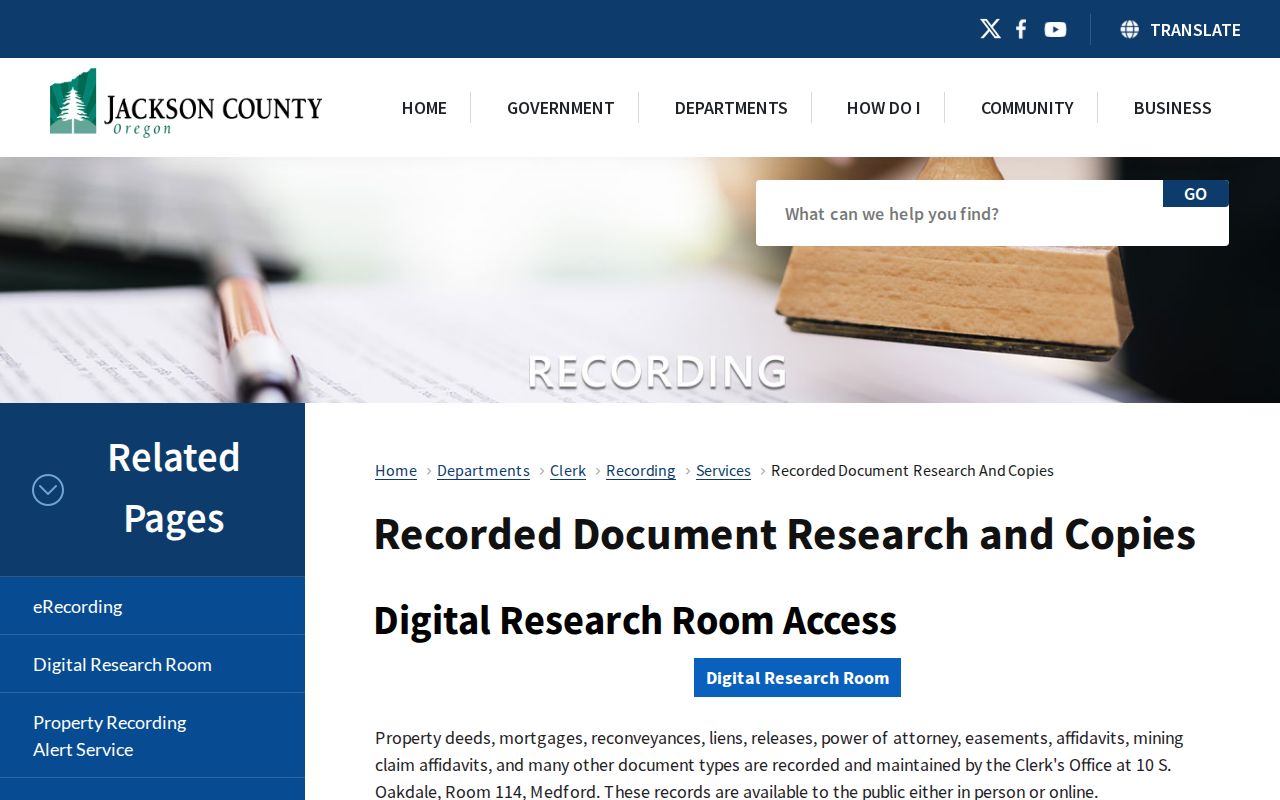 Jackson County street directory Clerk deed research instructions