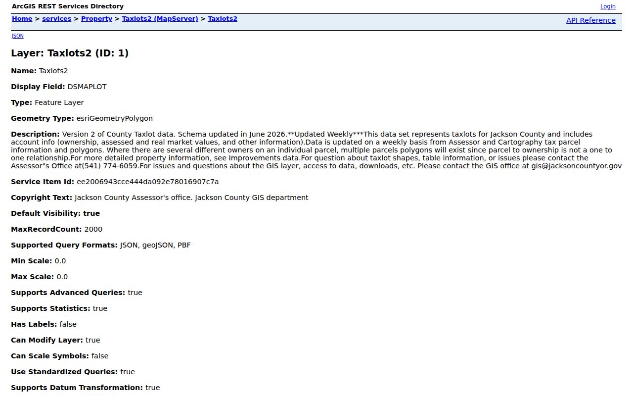 Jackson County neighbors GIS taxlots service fields