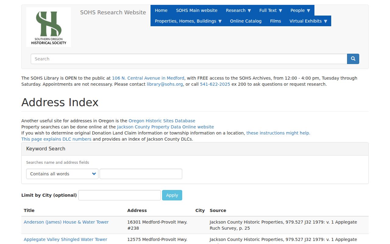 Jackson County previous residents historical address research in the SOHS Address Index